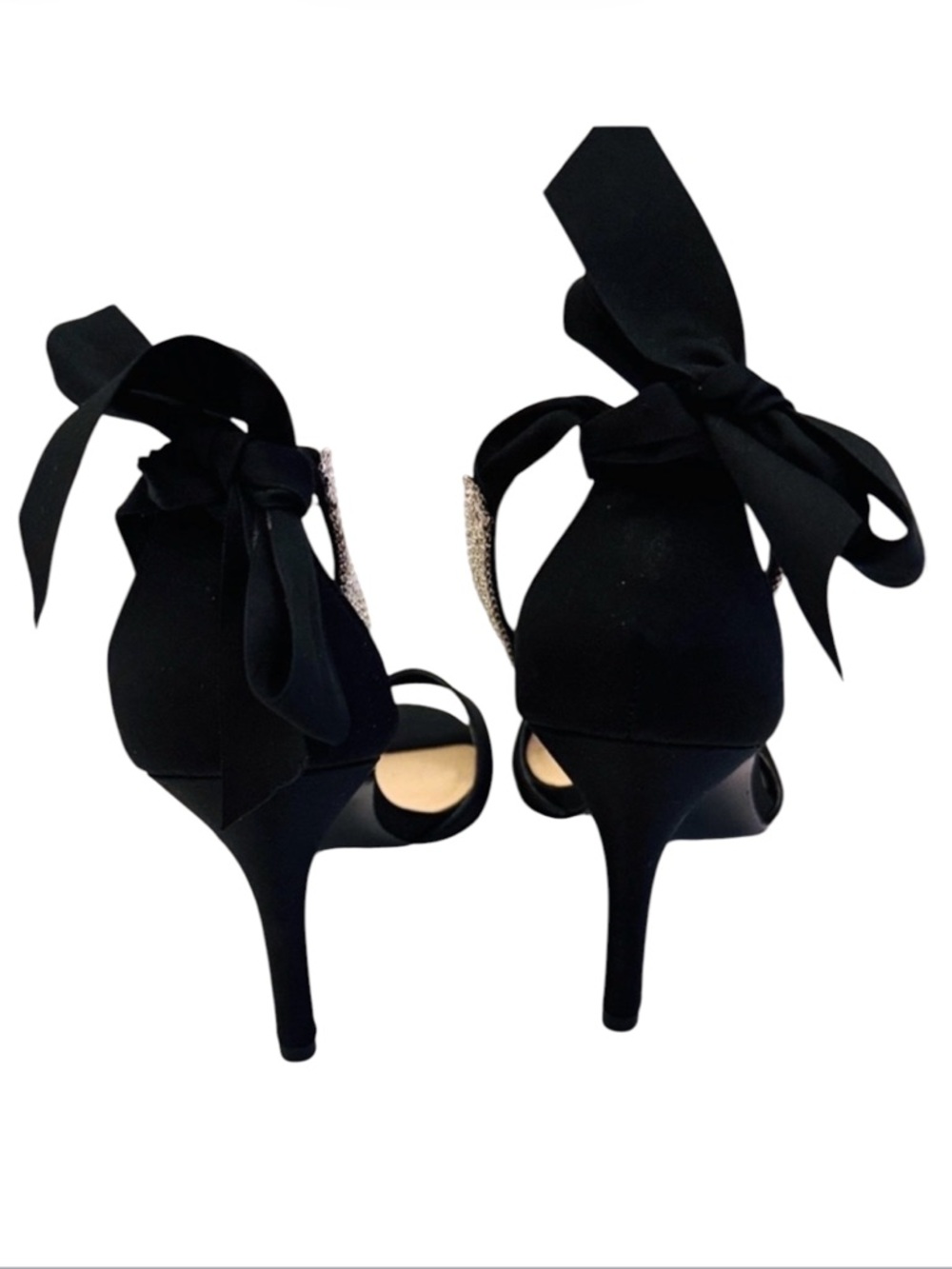 Nina Black Satin Rhinestone Strap Bow Tie Back Heels Size 8 1/2 - Picture 7 of 11